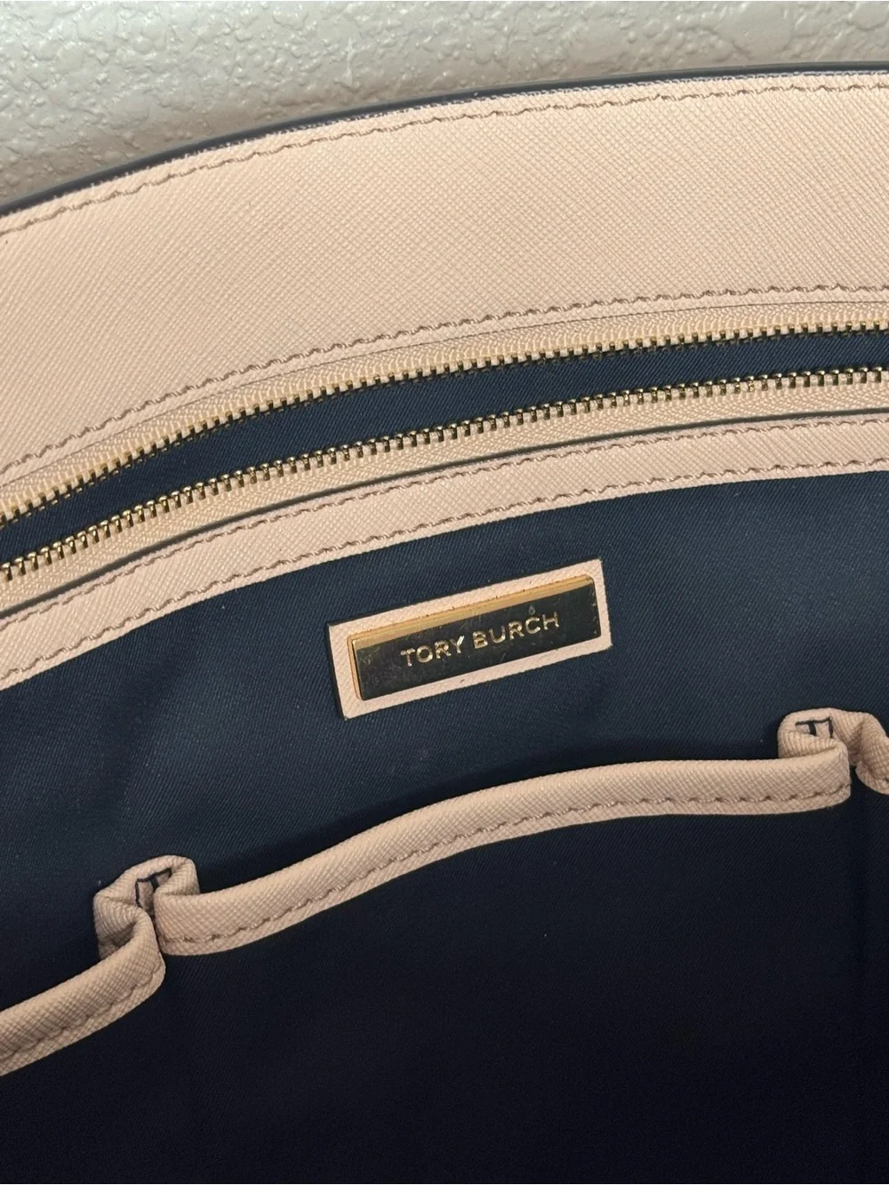 TORY BURCH 🤍 Pale Blush Pink Leather Large Shoulder Tote, Navy, Gold - 10x15”